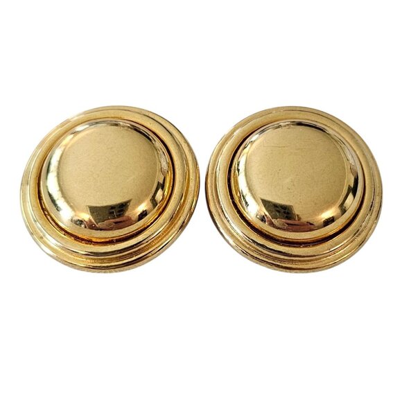 Liz Claiborne Gold Tone Round Button Clip On Earrings, Signed - Picture 1 of 9